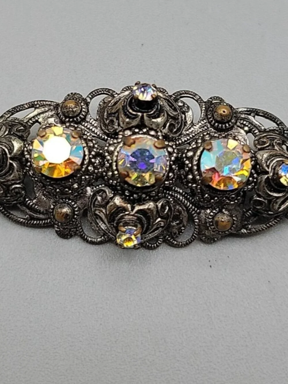 West Germany Silver Tone Filigree AB Brooch Pin Aurora Borealis Rhinestones